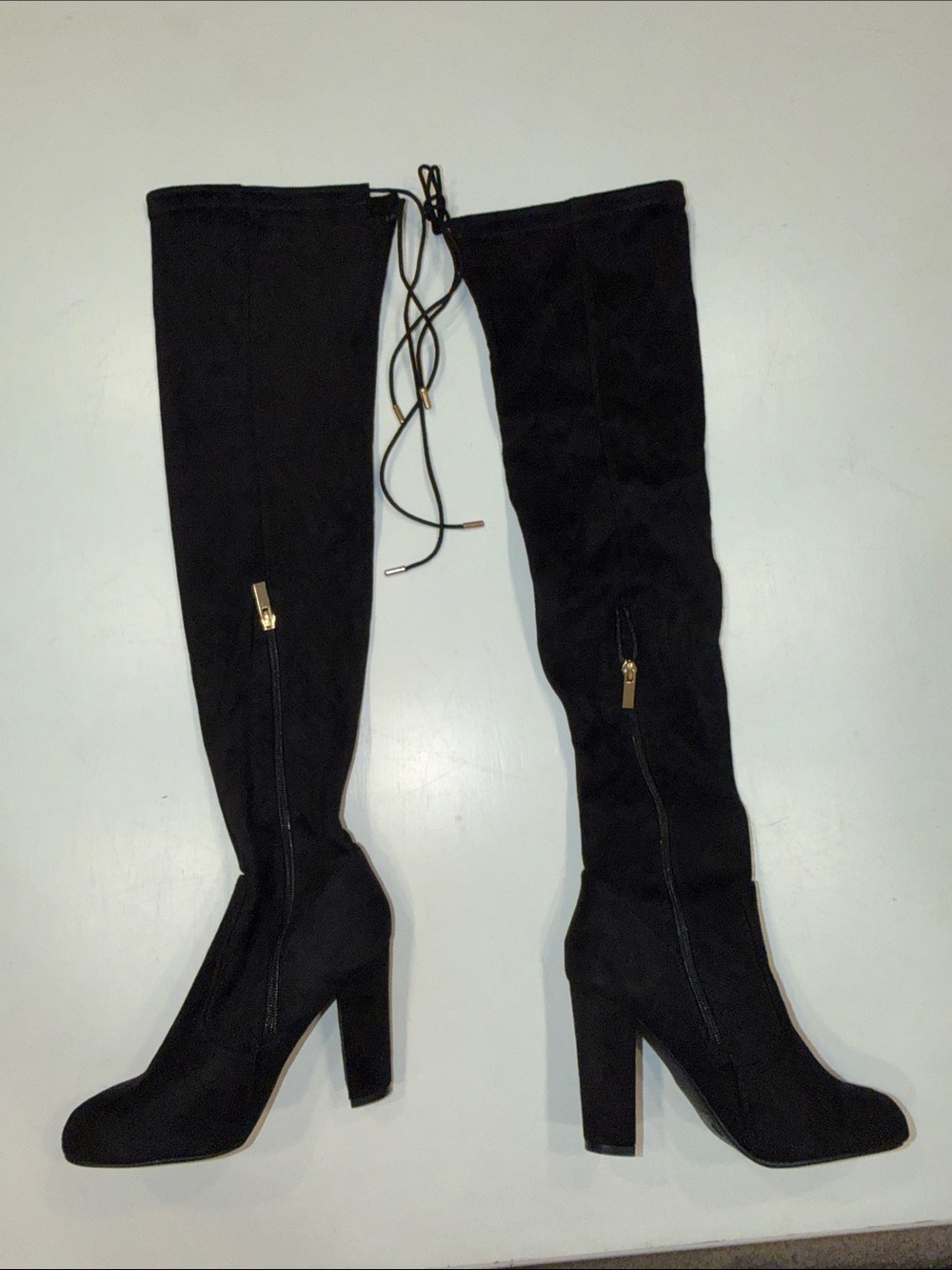 Black Over-the-Knee Block Heel Boots with Rear Tie